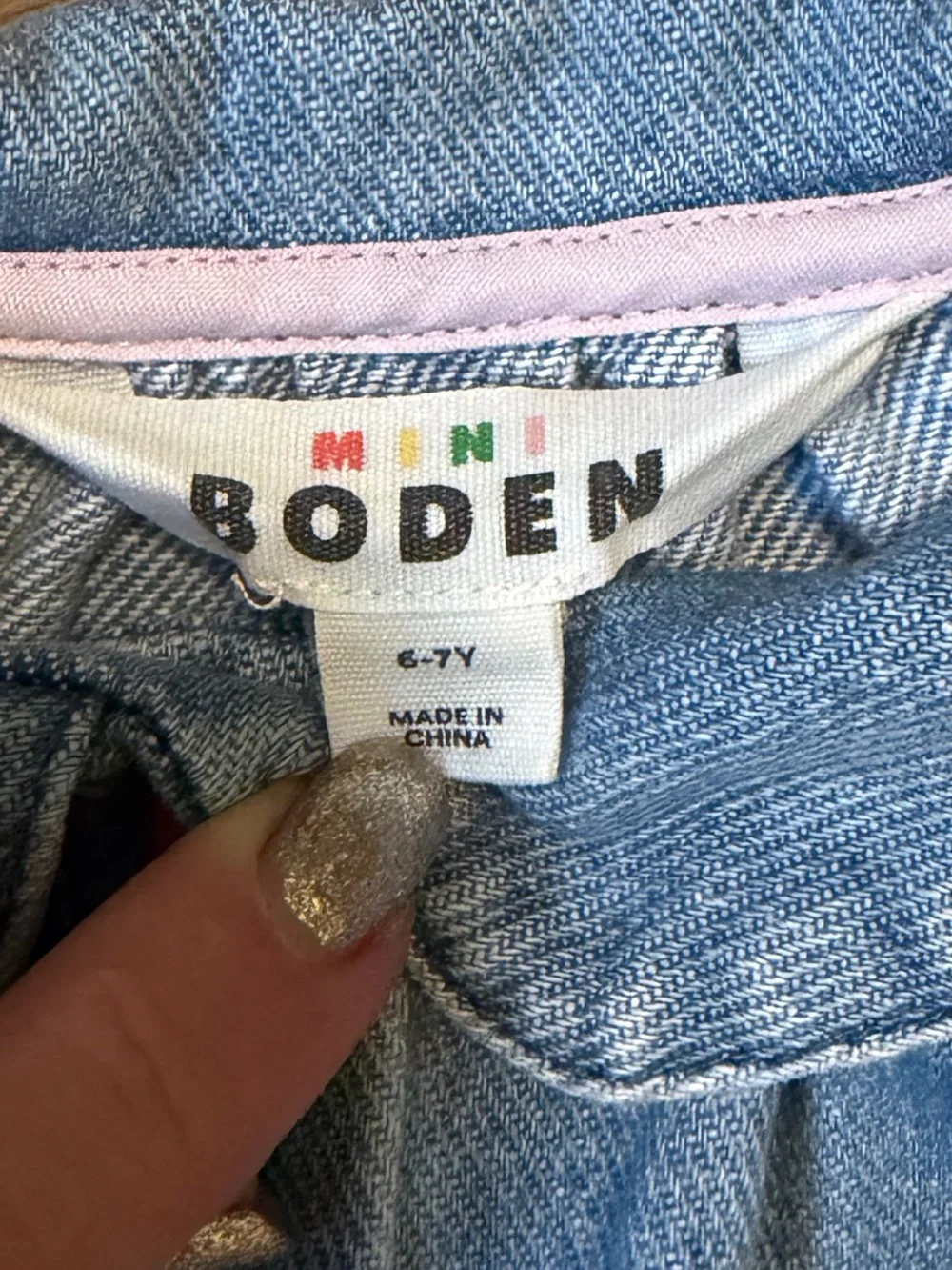 Mini Boden Light Blue Denim Dress with Rainbow and Sunny Pocket Embroidery